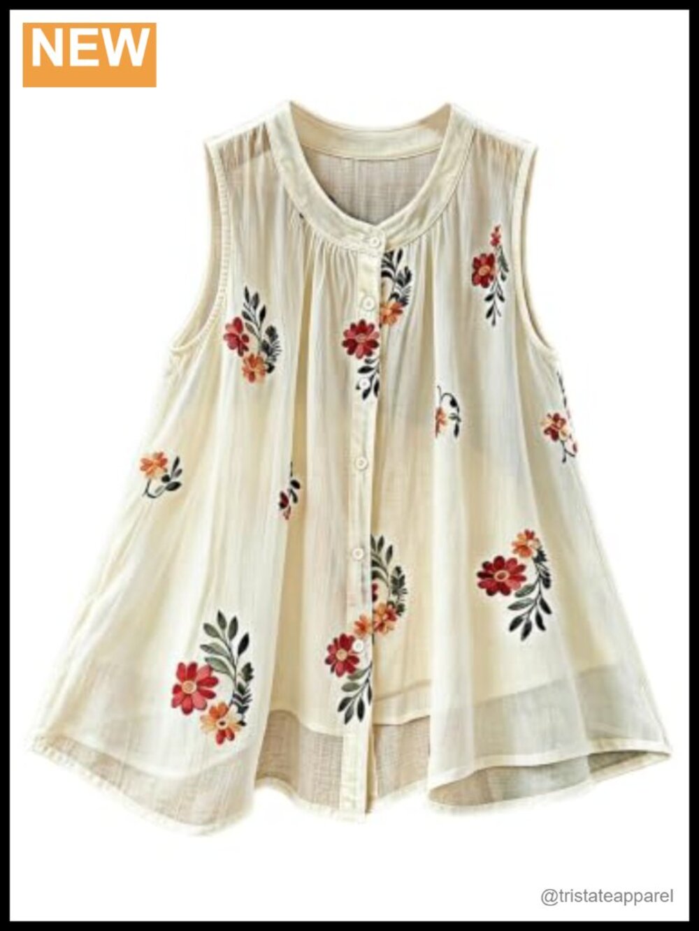 Plus Size Floral Embroidered Sleeveless Blouse Button Down Crew Neck Boho Top